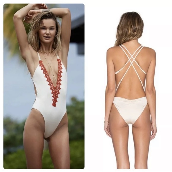 Planet Blue Other - Planet Blue & Red Lace Deep V One Piece Monokini